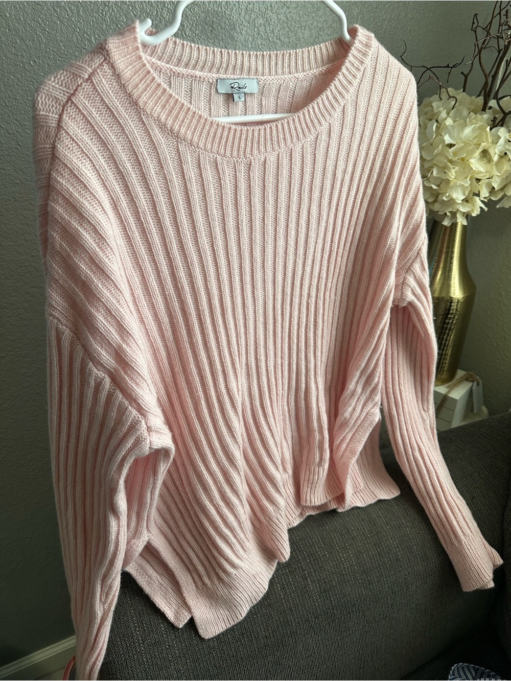 Rails Light Pink Ribbed Crewneck Sweater cashmere wool blend size L
